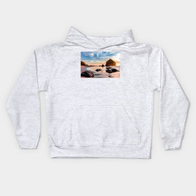 Houda Beach at sunset Kids Hoodie by blossomcophoto